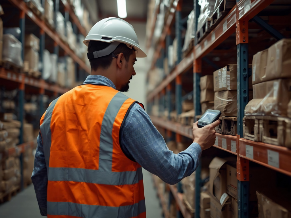Homem de colete laranja utilizando tecnologia RFID em inventário patrimonial